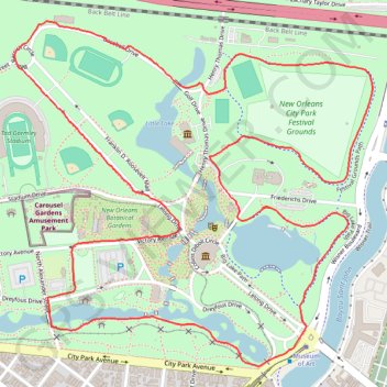 South Loop of City Park in New Orleans trail, distance, elevation, map, profile, GPS track