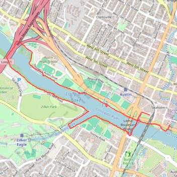 Western portion of the Ann & Roy Butler Trail in Austin, including the Pfluger Bridge trail, distance, elevation, map, profile, GPS track